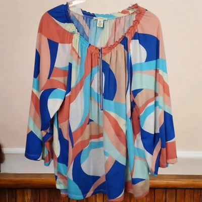 Top Westbound Mujer XL Boho Azul Naranja Abstracto Sobre Hombro Descubierto Cadena Cremallera Foto 1 de 4