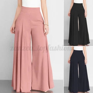 Women Wide Legs Pants High Waist Office Work Long Cotton Trousers - Picture 1 of 8