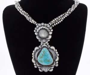 Sterling Silver Bead Necklace With Natural Birdseye Kingman Turquoise Pendant - Picture 1 of 4
