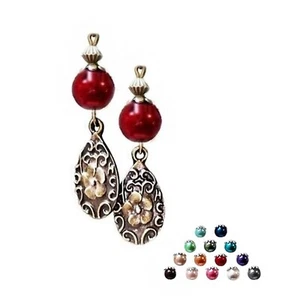 Earrings bronze teardrop charm pearl, choose 12 color and clip on or pierced - Picture 1 of 20