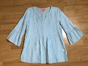 Camicetta tunica Lilly Pulitzer donna M blu bianca a righe 100% lino manica 3/4 - Foto 1 di 13