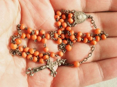 CHAPELET ANCIEN ARGENT MASSIF CORAIL ANTIQUE SILVER CORAL ROSARY - Photo 1/4