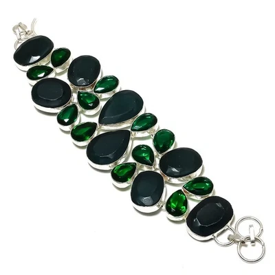 Emerald(Simulated) Diopside Gemstone 925 Sterling Silver Bracelet 7-8" C352 - Image 1 of 3
