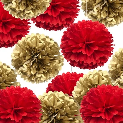 Kit de pompones de tejido rojo y dorado de 14" hágalo usted mismo bola de flores de papel decorativo para ch... Foto 1 de 4