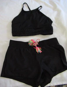 JUSTICE Girls Size 14 2 PC Swimsuit BLACK Cut Out Top Skirted Shorts NWOT - Picture 1 of 5