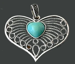 46x59mm Silver Pewter Blue Turquoise Glass Enamel Filigree Heart Pendant - Picture 1 of 3