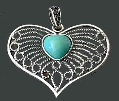  46x59mm Silver Pewter Blue Turquoise Glass Enamel Filigree Heart Pendant - Image 1 of 3