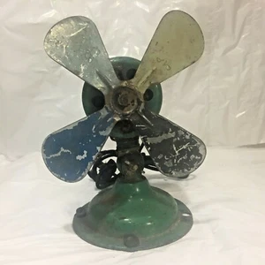 Vtg Metal Primitive Table Fan w Original Green Paint *NO CAGE* As Is TLC 9.75" - Picture 1 of 11