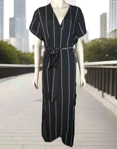 Ann Taylor Loft 2XL True Wrap Dress Vertical Striped SS Black Midi - Picture 1 of 15