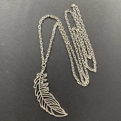 A Tibetan Silver Large Feather / Leaf Charm Pendant 65x20mm, 30" Chain Necklace - Image 1 of 2