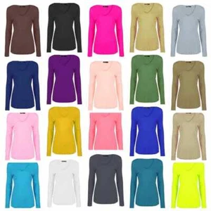Maglietta casual nuova donna manica lunga elastica collo a V base - Foto 1 di 45