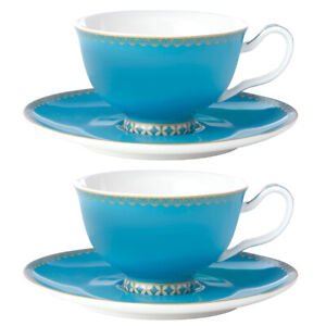 2x Maxwell & Williams Teas & C's 200ml Porcelain Footed Tea Cup & Saucer Aqua
