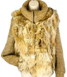 Vintage 1980s coyote fur sweater jacket coat genuine knit oversize zipper collar - Picture 1 of 12