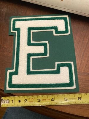 Chenille "E" White/Green Applique Patch Iron On - Image 1 of 2