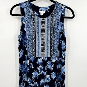J. Jill Maxi Dress Womens S Blue Black Floral Print Sleeveless Pleated Side Slit - Picture 1 of 10