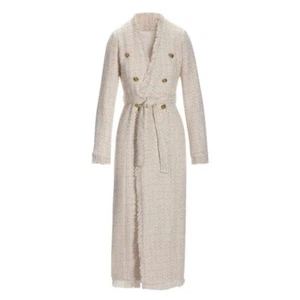 Boston Proper 8 Tweed Metallic Tie Waist Duster Off White/Gold Fringe Longline - Picture 1 of 11