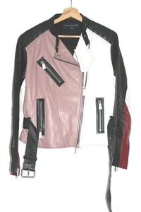 French Connection Multicoloured Ladies Leather Racer Biker Jacket Uk 16 rrp £350 - Picture 1 of 5