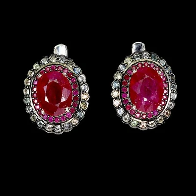 925 Sterling Silver Earrings Oval Ruby 8x6mm Sapphire Diamond Cut Gemstone - Image 1 of 4