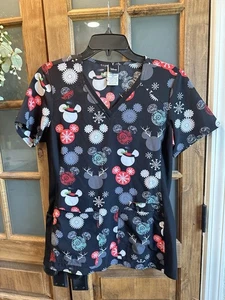 Mickey Mouse Cherokee Scrubs Tooniforms Disney Christmas V Neck Top Small - Picture 1 of 14