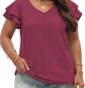 Women's Summer Top Ruffle ShortSleeve Vneck Casual Blouse Size M Dark Pink C399 - Picture 1 of 8