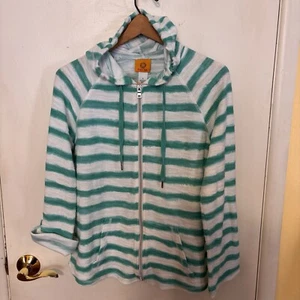 Ruby Rd. Women Teal & White Striped Zip Up Light Weight Hoodie-Small - Picture 1 of 7