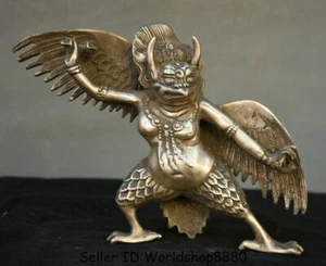 8.4" Old Tibet Buddhism Silver Redpoll Winged Garuda Bird Eagle Buddha Sculpture - Picture 1 of 10