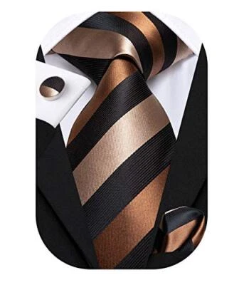  Corbata clásica a cuadros con pañuelo para hombre conjunto de gemelos negro marrón Foto 1 de 4