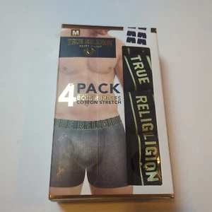 New True Religion Men's Boxer Briefs 4Pack Sz M Black Gold Spell Out Logo cotton - Picture 1 of 9