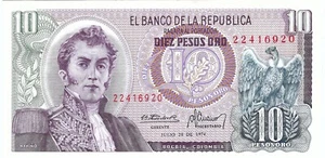 1974 Columbia 10 Peso Banknote - Picture 1 of 2