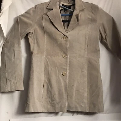 Outer Edge Cream Large Suede Leather Jacket Fully Lined Front Pockets Button Up - Image 1 of 4