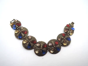 Antiqued Gold Tone Bracelet with Pear Shaped Rhinestones, 1950-'60s - Picture 1 of 6