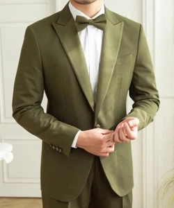 Men's Suit 2 Pieces Green Barge Collar Groom Business Gentleman Suit - Picture 1 of 4