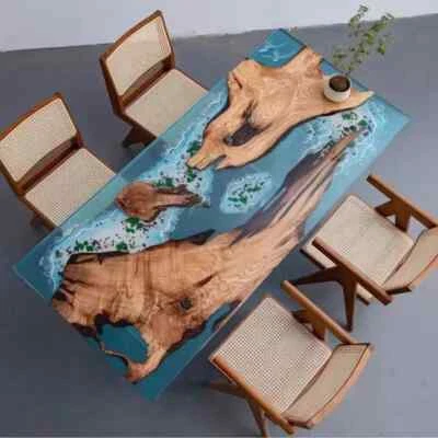 Blue Ocean Clear Epoxy Dining Table top, Wooden Resin Office Decor Furniture - Image 1 of 3
