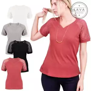 Summer Womens Lace Short Sleeve V Neck Blouse Casual T Shirt Soft Stretch Top US - Picture 1 of 25