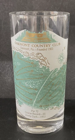 Vintage 50s Oakmont Country Club PA Glass Highball Famous Gold Courses Gold Trim Cover