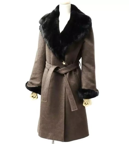 FENDI Cappotto Lungo con Pelliccia di Visone Cashmere Angora Marrone Donna Taglia 40