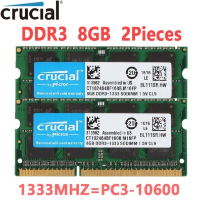 Crucial 16GB Kit 2 x 8GB DDR3 1333 MHz PC3-10600 Laptop RAM Sodimm Memory 1.5V - Image 1 of 4