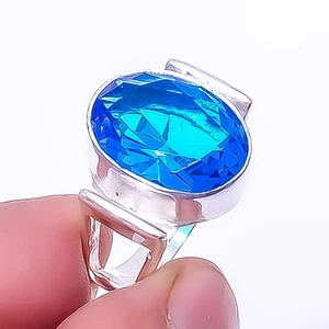 Blue Topaz Handmade Silver Plated Jewelry Ring s.7 R7488-21, Christmas Gift - Picture 1 of 6