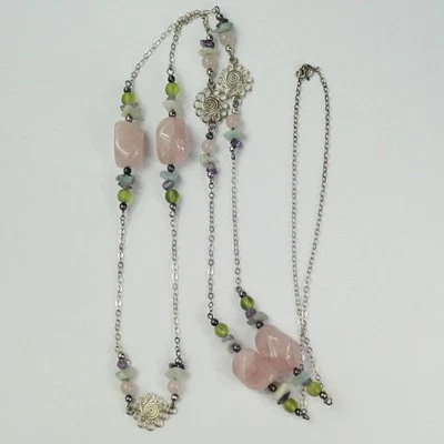 Colar de flores de vidro verde água-marinha ametista quartzo rosa prata esterlina 43" - Imagem 1 de 4