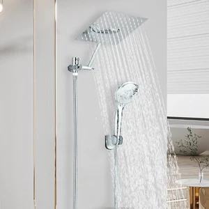 8" Dual Square Shower Head Combo Adjustable Extension Arm 3-Way Diverter Chrome - Bild 1 von 11
