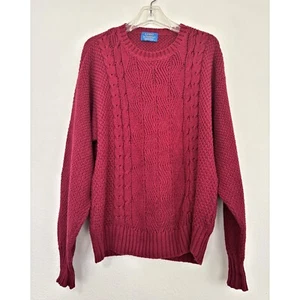 Vintage Pendleton Lobo Mens Sweater Large Cotton Cable Knit Dark Red Pullover - Picture 1 of 6