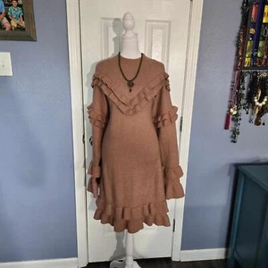 NWT River Island 18 Dusty Rose Ruffle Sweater Dress Long Bell Sleeve Fall Frills - Picture 1 of 9