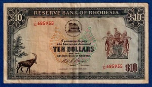 Rhodesia $10 1973  P-33f (15th Dec 1973) , Circulated  Banknote J/24 685935 - Picture 1 of 3