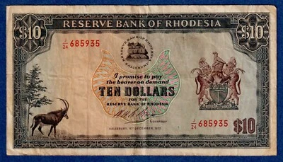 Rhodesia $10 1973  P-33f (15th Dec 1973) , Circulated  Banknote J/24 685935 - Image 1 of 3