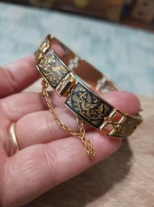 Vintage Spanish damascene gold, black etched birds panel bracelet - Picture 1 of 9