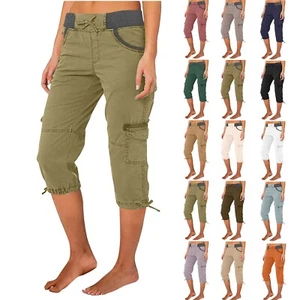 Women's Summer Casual Cargo Capris Relaxed Fit Low Waist Pants Trousers Pockets - Picture 1 of 14