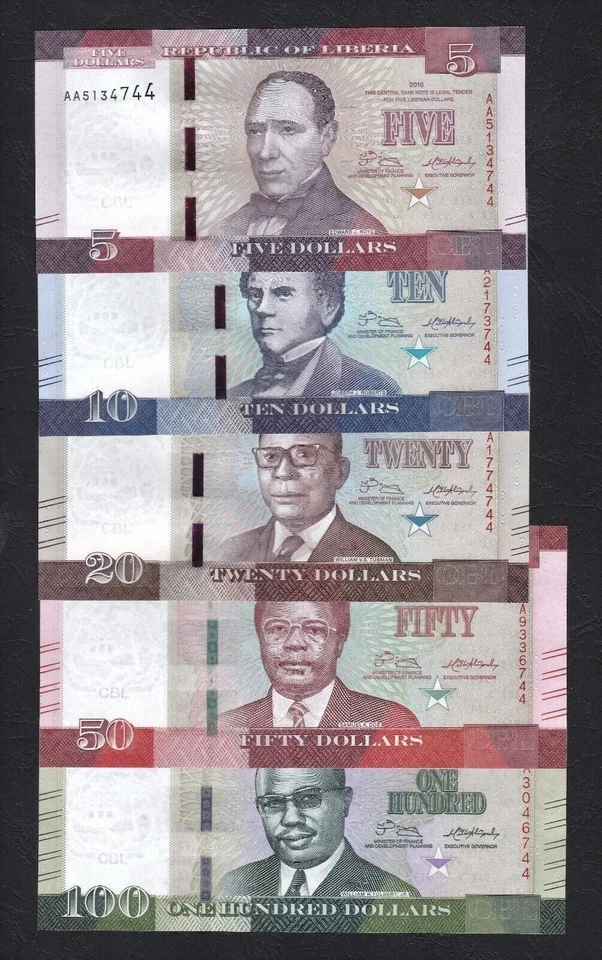 LIBERIA Complete set banknotes  2017 - L$ 5, 10, 20, 50, 100 all in UNC mint - Image 1 of 1