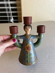 Bell Shape Girl 3 Tier Pottery Candelabra Candle Holder Folk Art - Picture 1 of 6