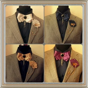 Party Men Groom Bridal Wedding Pre Tied Ribbon Rhinestone Bow Tie + Brooch Set - Foto 1 di 9
