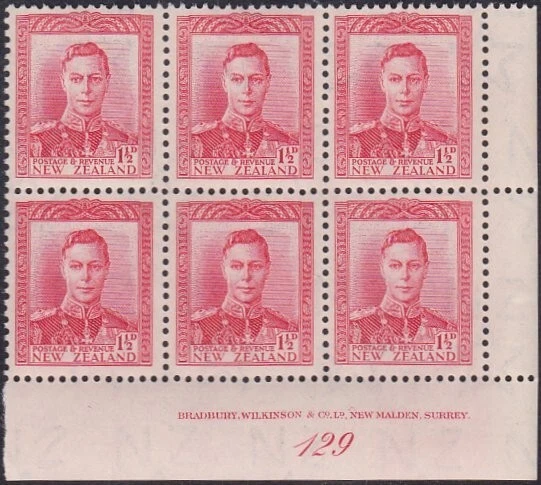 NEW ZEALAND GVI 1½ red plate block #129 MNH................................A6774 - Image 1 of 1